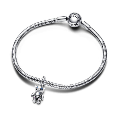 Teddy Bear Sterling Silver Dangle With Fancy Fairy Tale Pink Cubic Zirconia, Royal Purple And Stellar Blue Crystal