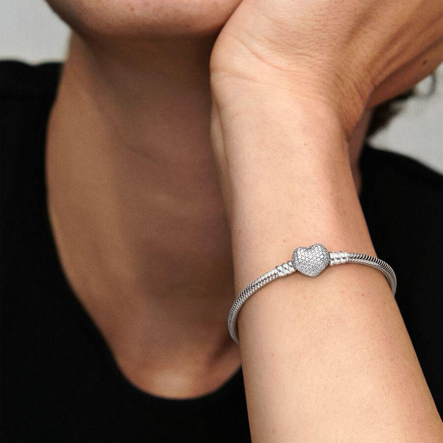 pandora bracelet with heart-shaped clasp and cubic zirconia
