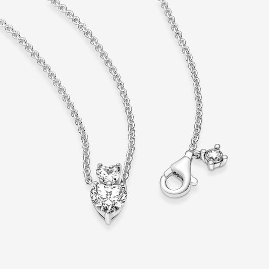 Double Heart Pendant Sparkling Collier Necklace Sterling silver